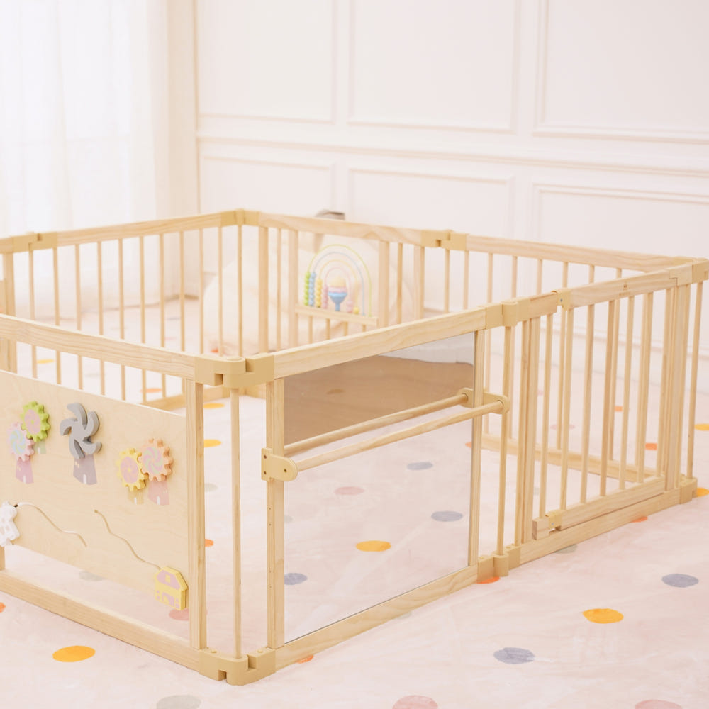Wooden baby playpen with mirror and whiteboard panel, foldable 63" x 63", Montessori sensory play yard.