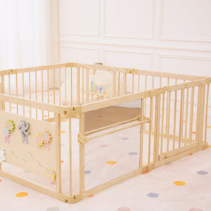 Wooden baby playpen with mirror and whiteboard panel, foldable 63" x 63", Montessori sensory play yard, angle view.