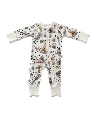 Camp Hugga Zipper Lounger for babies in cozy loungewear, shown from angle 2, perfect for comfort and playtime.