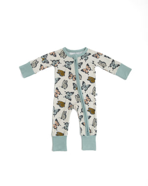 Social Butterfly Zipper Lounger for babies, cozy loungewear in playful design, shown from angle 2.