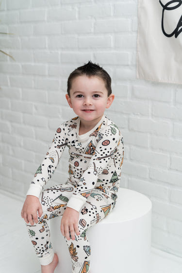 Camp Hugga Two-Piece Set for babies, cozy loungewear in soft fabric, perfect for playtime and relaxation.