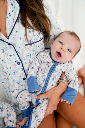 Blue Oysters Bamboo Sleeper pajamas for babies, shown from angle 2, featuring soft, breathable fabric in a stylish design.