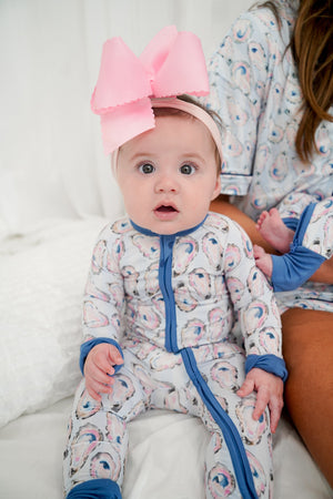 Blue Oysters Bamboo Sleeper pajamas for babies, angle view showcasing soft fabric and cute design.