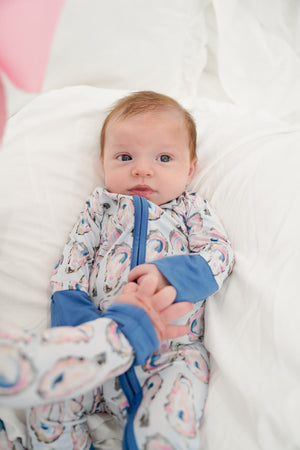 Blue Oysters Bamboo Sleeper pajamas for babies, shown at angle 10, featuring soft, breathable fabric in a charming design.