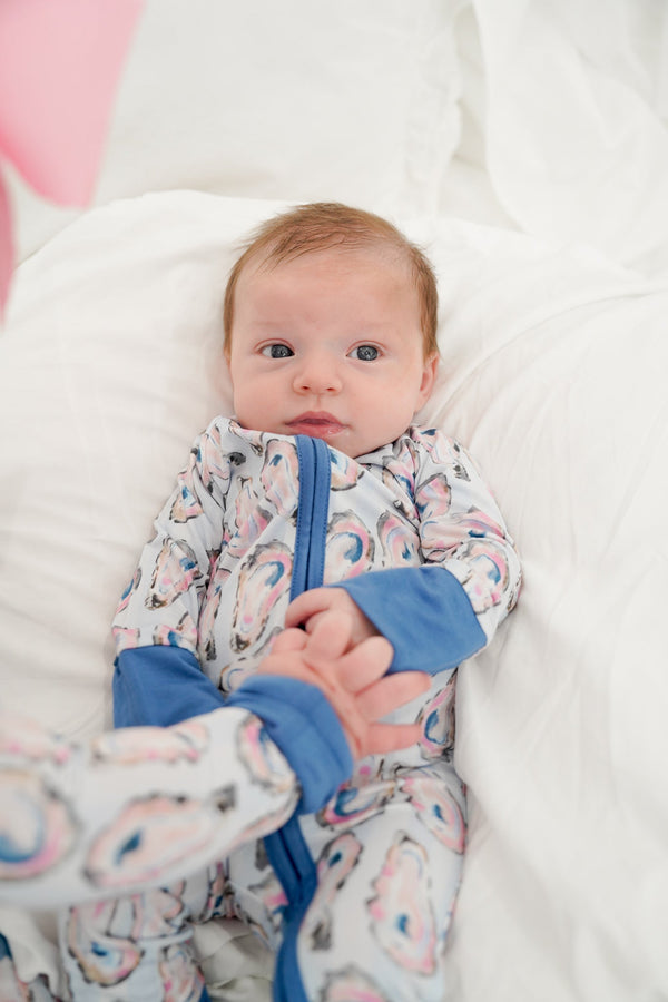 Blue Oysters Bamboo Sleeper pajamas for babies, shown at angle 10, featuring soft, breathable fabric in a charming design.