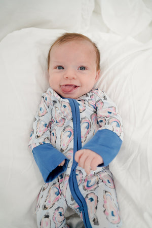 Blue Oysters Bamboo Sleeper pajamas for babies, shown from angle 4, featuring soft, breathable fabric in a cozy design.