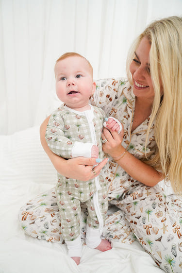Sage Sands Bamboo Sleeper for babies - soft, breathable pajamas in a stylish design.