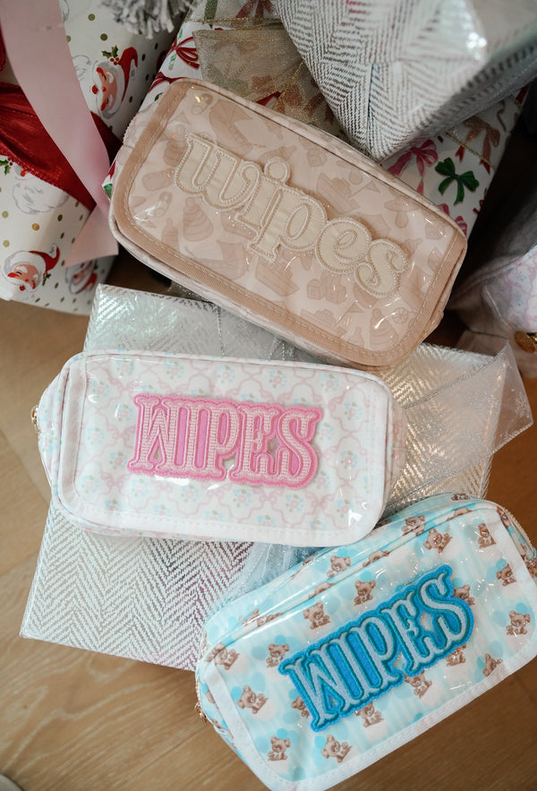 Clear coat wipes pouch travel bag, angled view showcasing its stylish and functional design for parents on the go.