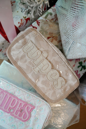 Clear coat wipes pouch travel bag, angled view showcasing its sleek design and functionality for parents on the go.