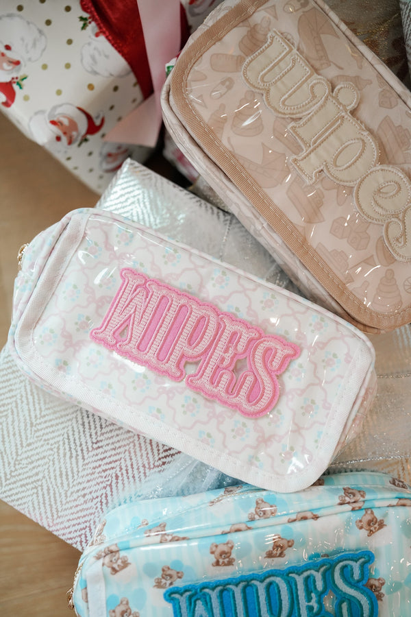 Clear coat wipes pouch travel bag, angled view, perfect for on-the-go baby care.