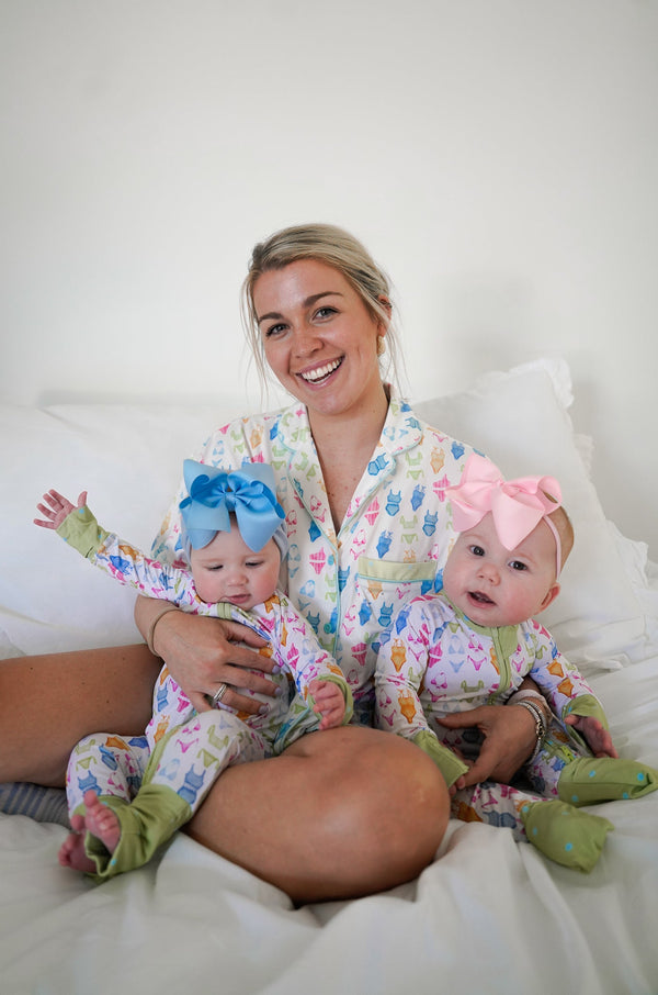 Bamboo sleeper bikini pajamas for babies, soft and breathable, shown from angle 2.