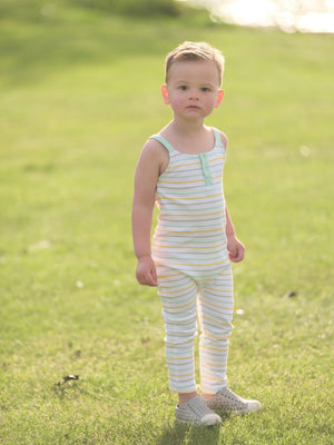 Organic cotton striped overall for babies, showcasing a stylish design from angle 2. Perfect for comfort and cuteness!