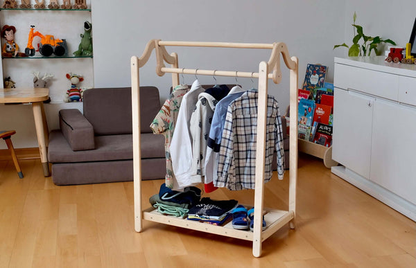 Montessori Wooden Clothes Rack and Wardrobe Set | Child Clothing Organizer