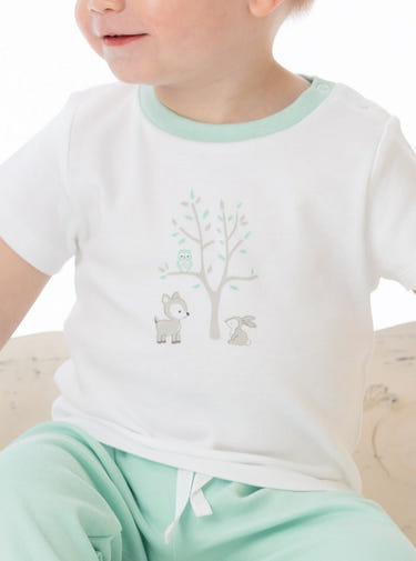 Organic Cotton Tori Tee in Woodland design for babies - soft, eco-friendly, and stylish. Perfect for little ones!