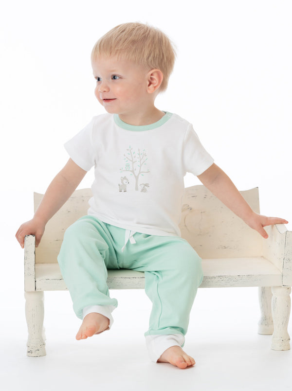 Organic Cotton Tori Tee in Woodland design, angle view, perfect for babies' comfort and style.