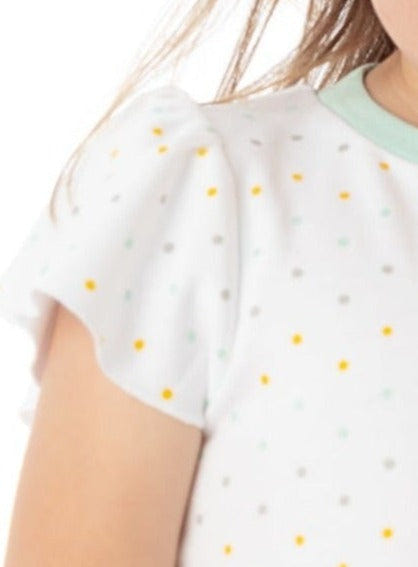 Organic Cotton Ashley Ruffled Tee in Polka Dot design for babies, soft and stylish t-shirt for comfortable wear.
