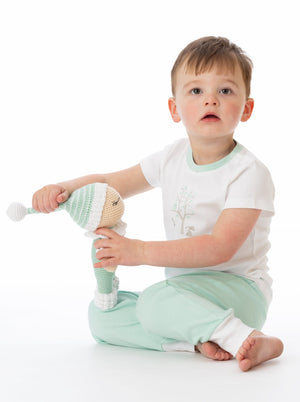 Mint green organic cotton jogger pants for babies, angle 5 view, soft and stylish infant clothing.
