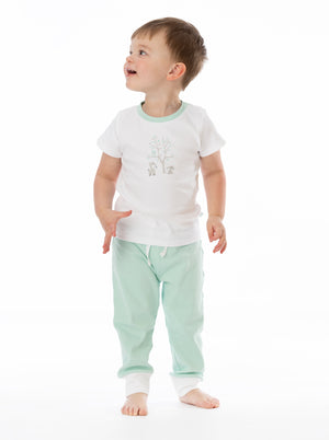 Mint green organic cotton jogger pants for babies, showcasing a stylish angle 3 view.