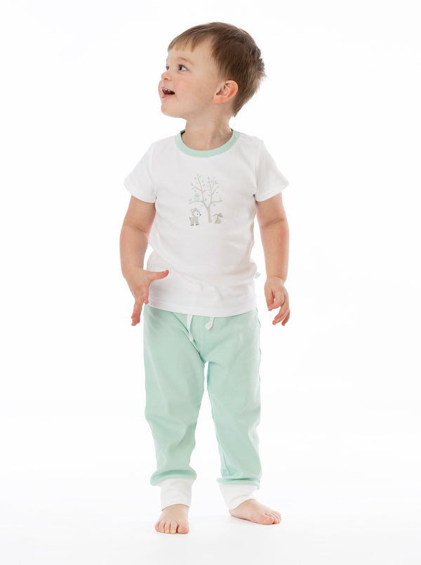 Mint green organic cotton jogger pants for babies, showcasing a stylish angle 3 view.