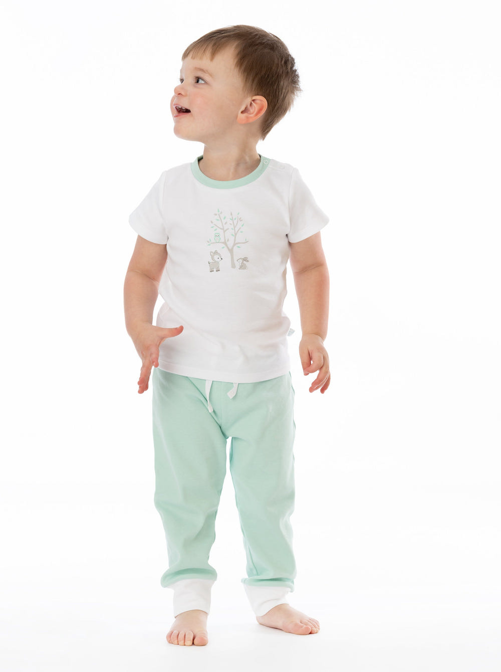 Organic Cotton Tori Tee in Woodland design for babies - soft, eco-friendly, and stylish. Perfect for little ones!