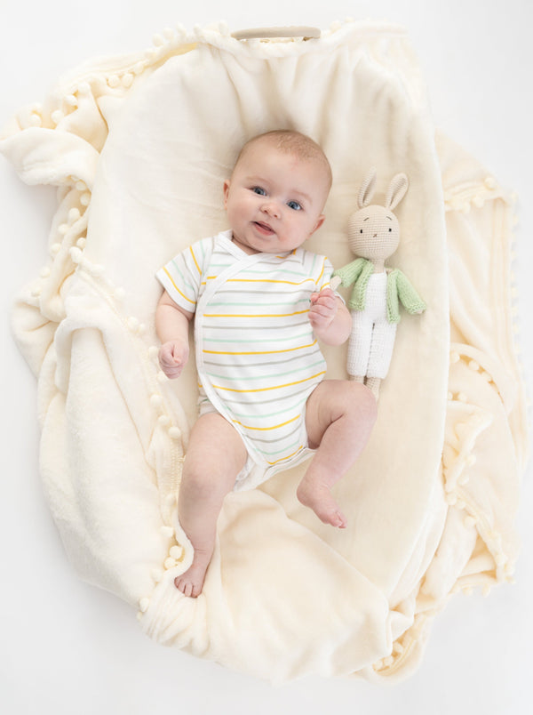 Organic Cotton Pride Kimono Onesie in stripes, short sleeve, angle view, perfect for stylish and eco-friendly baby wear.