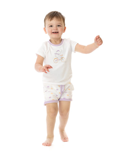 Organic cotton shorts for babies in a colorful macarons design, perfect for comfort and style.