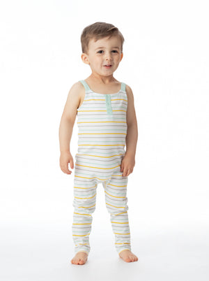 Organic cotton striped overall for babies, soft and comfortable for everyday wear.