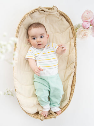 Organic Cotton Pride Kimono Onesie in stripes, short sleeve, angle 3 view, perfect for stylish baby outfits.