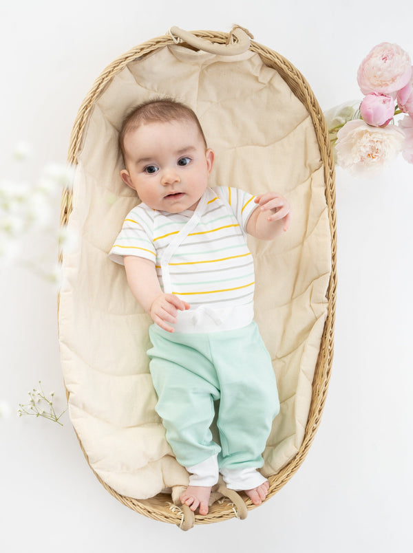 Organic Cotton Pride Kimono Onesie in stripes, short sleeve, angle 3 view, perfect for stylish baby outfits.