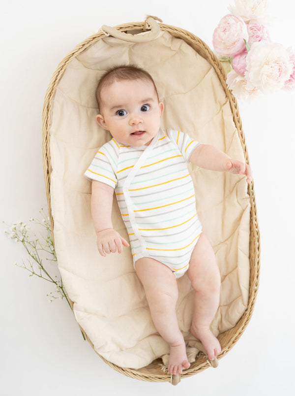 Organic Cotton Pride Kimono Onesie in stripes - soft, short sleeve baby outfit for comfort and style.