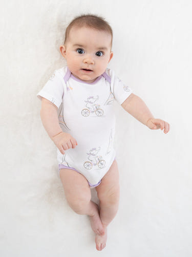 Organic Cotton Joy Bodysuit in Paris design - Short Sleeve Onesie for babies, soft and eco-friendly.