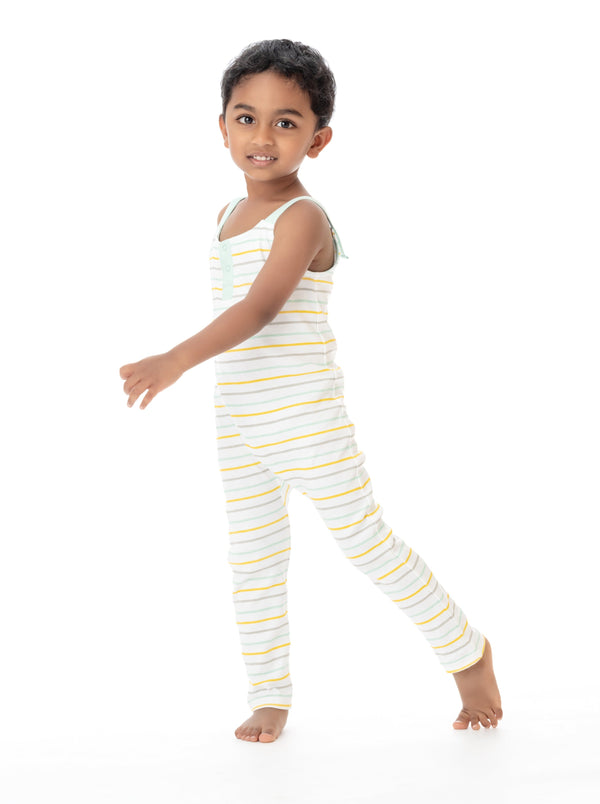 Organic cotton striped overall for babies, showcasing a stylish design from angle 3. Perfect for comfort and cuteness.