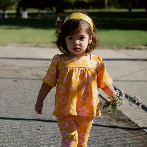 Retro Mustard Daisy Bell Sleeve Top for Baby Toddler and Girls