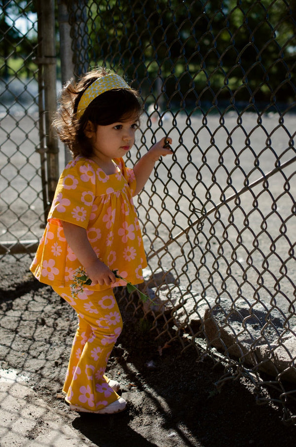 Retro Mustard Daisy Bell Sleeve Top for Baby Toddler and Girls