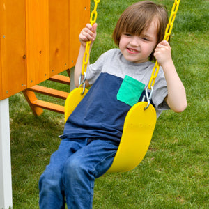 Compact wooden toddler swing set for outdoor play, perfect for babies and kids in a forest setting.
