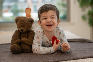 Valentine's Teddy Bear 2pc Bamboo Pajamas for babies, cozy bedding sleepwear, angle view.