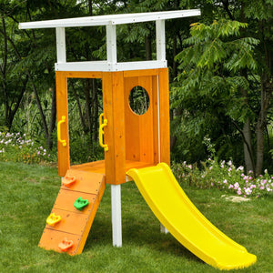 Compact wooden toddler swing set for outdoor play, perfect for babies and kids in a forest setting.