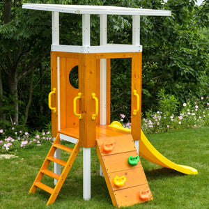 Compact wooden toddler swing set for outdoor play, perfect for babies and kids in a forest setting.