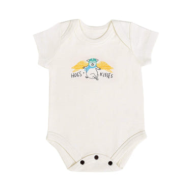 Graphic bodysuit "Hogs and Kisses" for babies, featuring a cute design and short sleeves. Perfect for playful outfits.