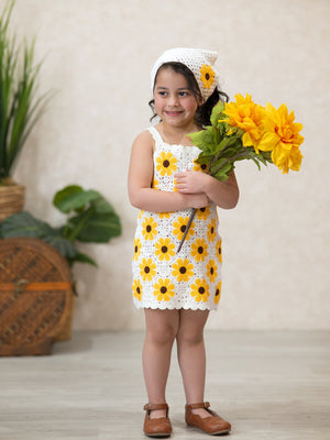 Summer Crochet Sunflower Girl Dress with Headscarf