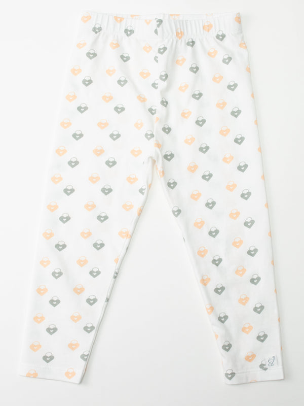 Organic cotton leggings in Love Lock design, shown from angle 2, perfect for babies' comfort and style.