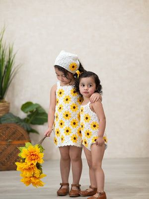 Summer Crochet Sunflower Girl Dress with Headscarf