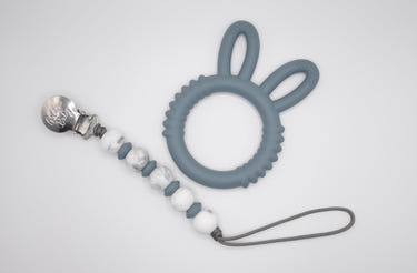 Gray Bunny Teether Set for babies - soft, safe, and perfect for soothing gums.