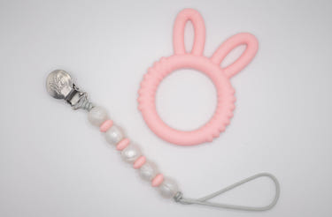 Pink Bunny Teether Set for babies, perfect for soothing gums and safe playtime.