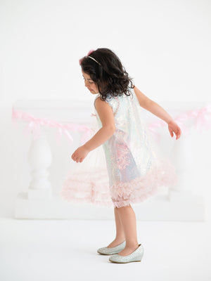 Iridescent Sequin Bow Ruffle Tulle Girls Dress