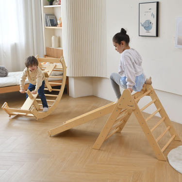 Bazel 6-in-1 Pikler Climber Set: Wooden triangle, rocker arch, and slide for toddlers, perfect for indoor play.