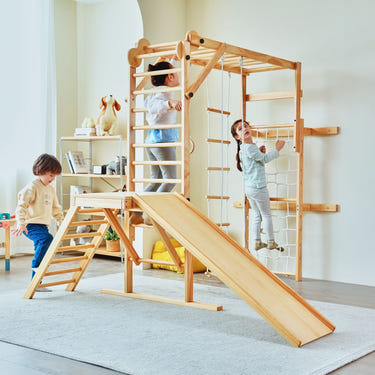Foldable jungle gym for babies, wall-mounted, natural wood design, perfect for indoor play and development.
