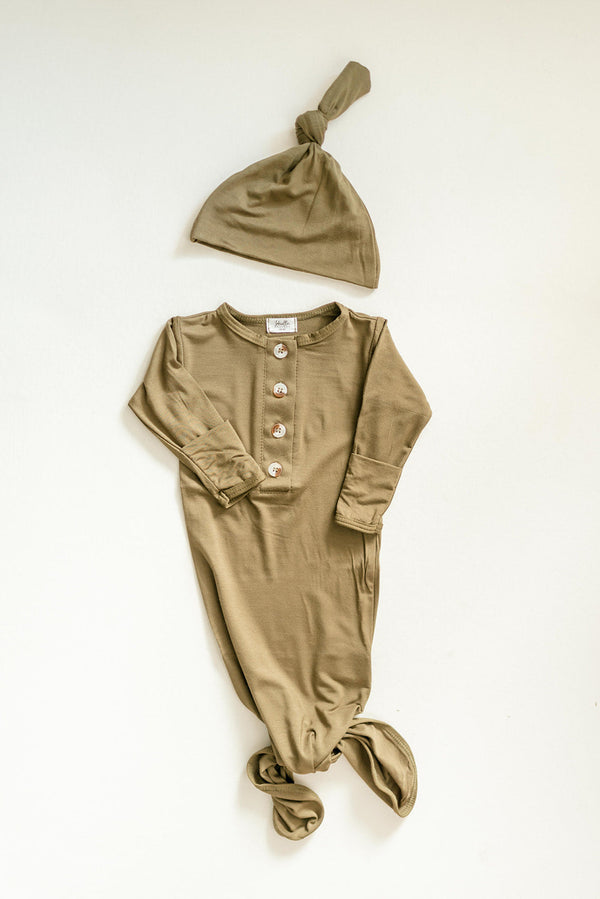 Newborn Knotted Gown and Hat Set Army Green, Olive Green, Newborn Clothes for Boys