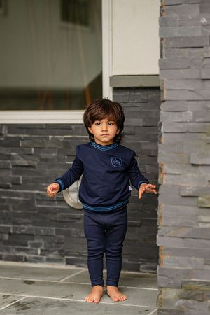 Navy Varsity Set for babies, featuring playful design, perfect for toys and entertainment. Angle 2 view.