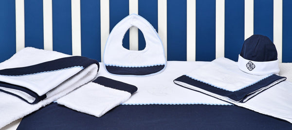 PETIT MARIN | Boys White & Navy Muslin Square (75cm)